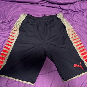 Puma Men's Black Shorts with Gray and Red Accents